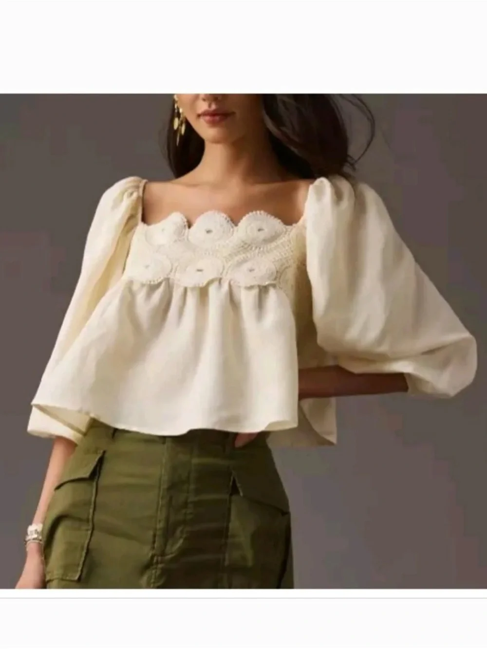 Anthropologie Baby Doll Crochet Puff Sleeve Top